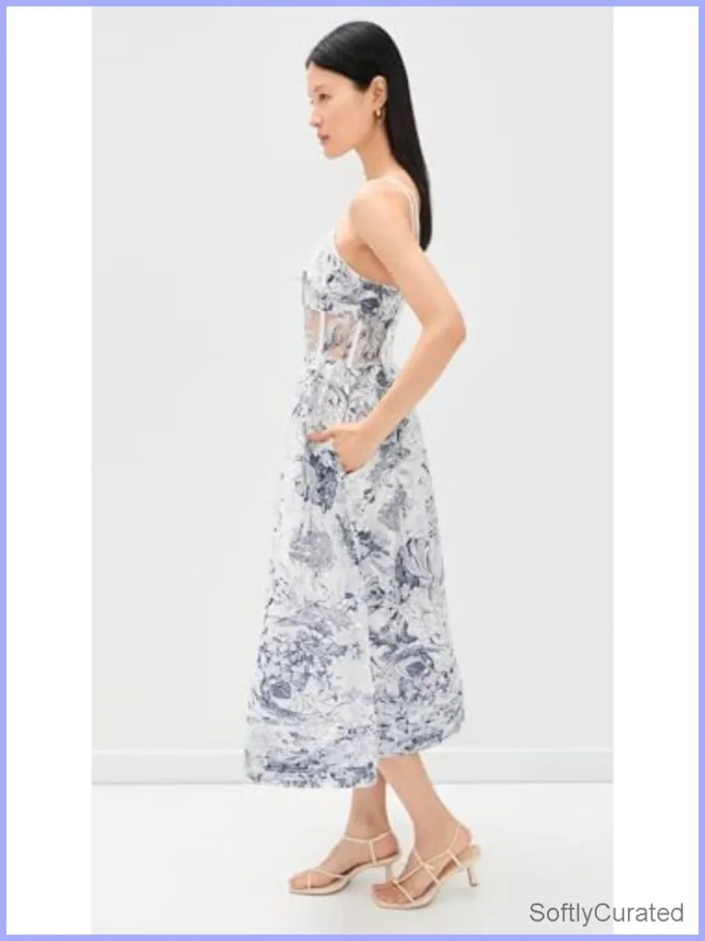 Mid-Weight Organza Midi Dress with Floral Print & Pockets